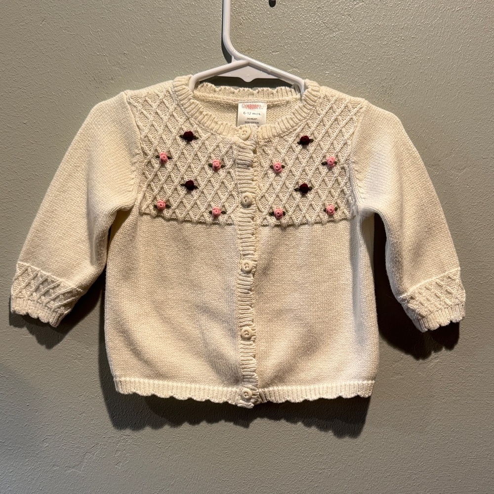 Gymboree 100% Cotton Cream Knit Cardigan with Pink Rose Accents Textured Sleeves